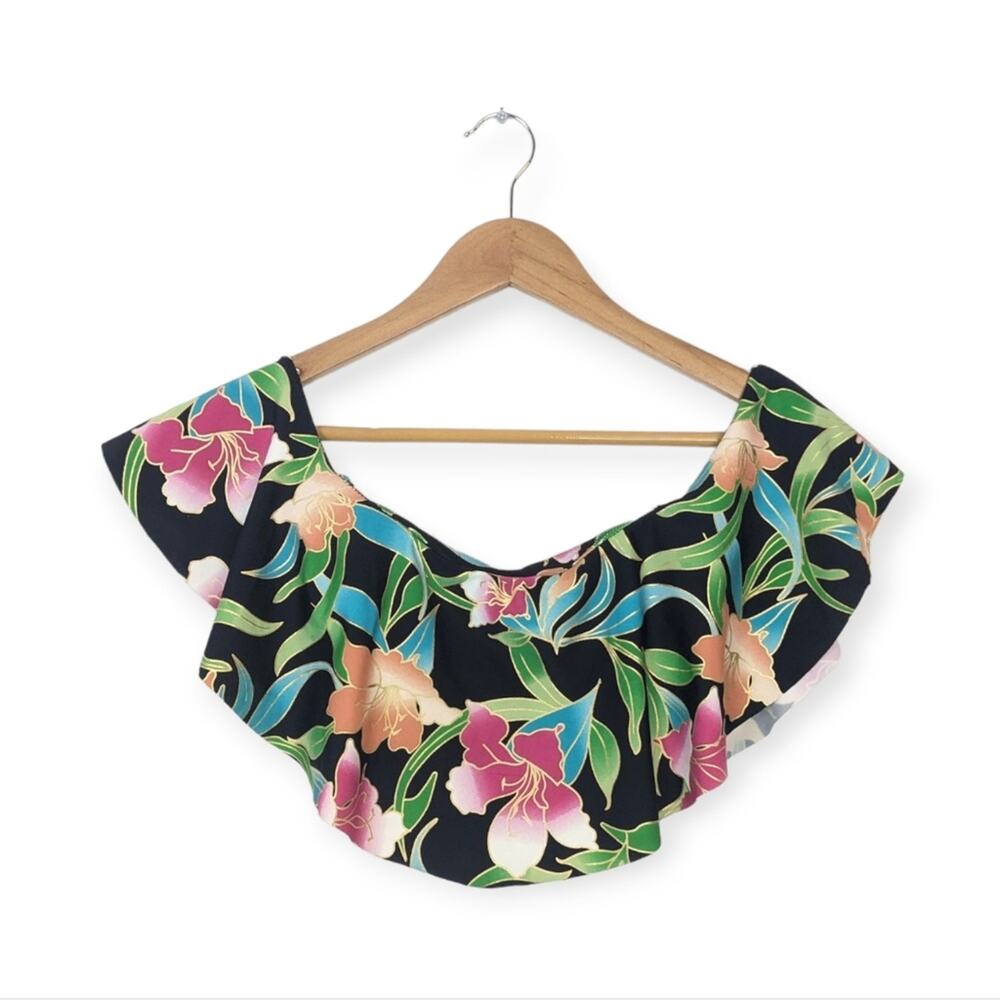 MuMu Mermaid Black Multi Tropical Floral Off Shoulder Ruffle Swim Top Size S